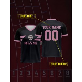 1pc Customizable Soccer Jersey for Kids - Personalized V-Neck Football Shirt with Name & Number, Polyester Knit Fabric, All-Season Sports & Casual Wear, Preppy Street Style, Medium Stretch, for Boys & Girls