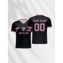 1pc Customizable Soccer Jersey for Kids - Personalized V-Neck Football Shirt with Name & Number, Polyester Knit Fabric, All-Season Sports & Casual Wear, Preppy Street Style, Medium Stretch, for Boys & Girls