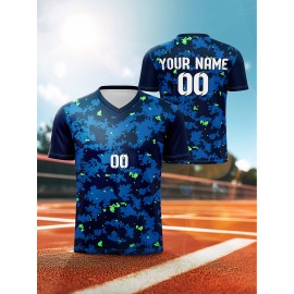1pc Customizable Soccer Jersey for Kids - V-Neck Football Shirt with Personalized Name & Number, 100% Polyester Knit Fabric, Medium Stretch, Preppy Street Style, All-Season Sports & Casual Top for Boys & Girls