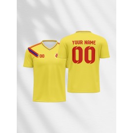 1pc Customizable Soccer Jersey for Kids - Personalized Name & Number, V-Neck, Knit Polyester, All-Season Sports & Casual Top for Boys & Girls, Preppy Street Style, Medium Stretch, Regular Fit