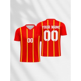 Customizable Youngsters' Soccer Jersey - V-Neck, Personalized Name & Number, Red and Yellow Striped, Comfortable Polyester, Ideal for Sports & Outdoor Activities