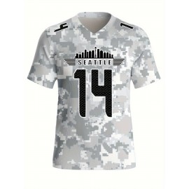 Large Size Women's Arctic Camo Seattle #14 Polyester Football Jersey, Women V-Neck Game Day Sports Shirt With Slight Stretch, Breathable Casual Knit Fabric, Loose Fit Adult, Fans Gift Women, For Casual, Party, Training Wear