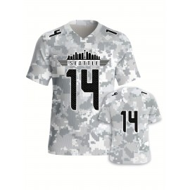 Large Size Women's Arctic Camo Seattle #14 Polyester Football Jersey, Women V-Neck Game Day Sports Shirt With Slight Stretch, Breathable Casual Knit Fabric, Loose Fit Adult, Fans Gift Women, For Casual, Party, Training Wear
