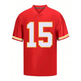 Men's Red #15 Embroidered Rugby Jersey - Loose Fit Breathable V-Neck Top for Sports, Casual & Streetwear | All-Season Machine Washable Athletic Shirt, Outdoor Clothing, Sporty Style, Embroidered Detailing