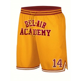 Men's Yellow # 14 Basketball Shorts, Classic Letter Embroidery Design, Breathable Button Style Short Sleeve Shirt, Suitable For Training And Competition