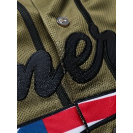 Men's Green # 1 Baseball Shirt, Classic Letter Embroidery Design, Button Style Short Sleeve Breathable Shirt, Used For Training And Competitions