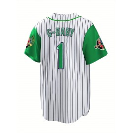 Men's white black striped green patchwork # 1 baseball shirt, classic letter embroidery design, button style short sleeved breathable shirt, used for training and competition