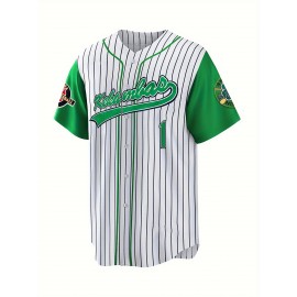 Men's white black striped green patchwork # 1 baseball shirt, classic letter embroidery design, button style short sleeved breathable shirt, used for training and competition