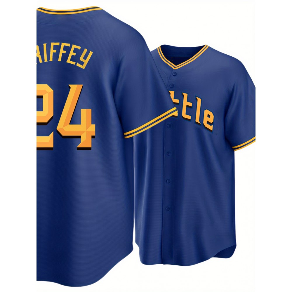 Men's Blue #24 Baseball Shirt - Breathable Loose Fit V-Neck Button-Up with Embroidered Letter Design, All-Season Casual Sportswear for Outdoor Activities, Streetwear & Daily Wear (Machine Washable), Baseball Jersey, Durable Sportswear