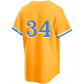 Men'S Yellow # 34 Baseball Jersey, Button Style Short Sleeved Breathable Shirt, Classic Retro High-End Letter Embroidery Design, Suitable for Training And Games