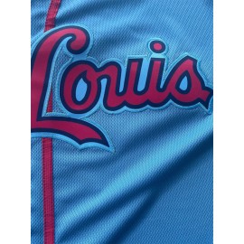 Men's Retro Embroidered Baseball Jersey - Breathable Button-Up V-Neck #4 Light Blue & Red Trim, Loose Fit for Training, Games & Casual Wear, All-Season Machine Washable Sportswear