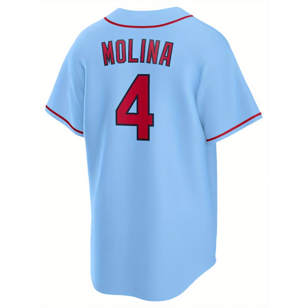 Men's Retro Embroidered Baseball Jersey - Breathable Button-Up V-Neck #4 Light Blue & Red Trim, Loose Fit for Training, Games & Casual Wear, All-Season Machine Washable Sportswear