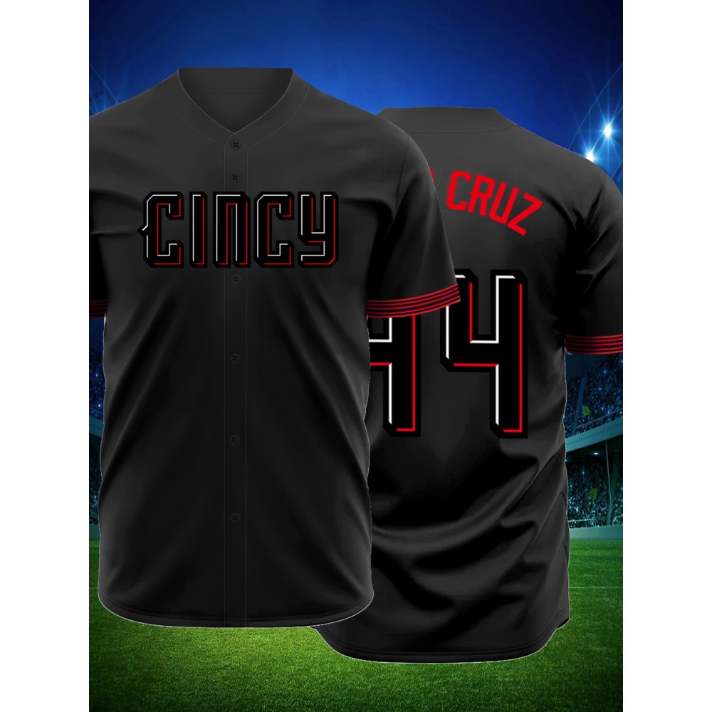 SHELUCKI Men's Black #44 Baseball Jersey - Breathable Button-Up Short Sleeve Shirt with Lettering, Loose Fit 100% Polyester for Training, Games & Casual Wear (Machine Washable)