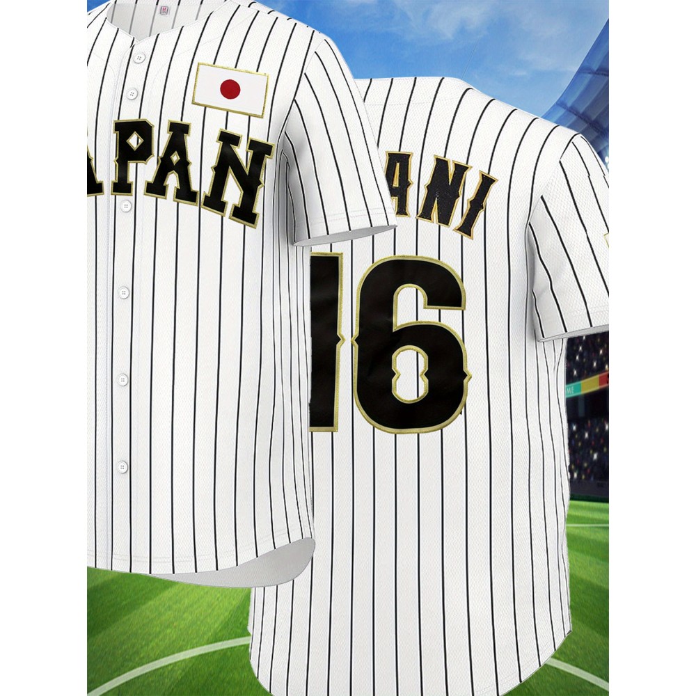 Men's White Striped #16 Baseball Jersey - Breathable Button-Up V-Neck with Classic Letter Embroidery, Loose Fit for Training, Competition & Casual Wear | All-Season Machine Washable Sportswear, Airflow Enhancing Design