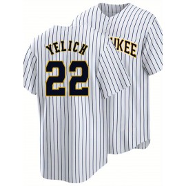 Men'S White Blue Stripe # 22 Baseball Jersey, Button Style Short Sleeved Breathable Shirt, Casual Loose Classic Letter Embroidery Design, Suitable for Training And Games