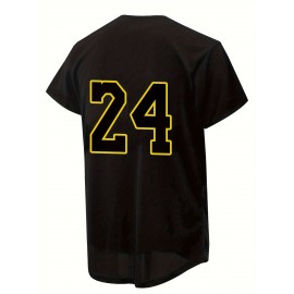 Men'S Black # 8-24 Baseball Shirt, Classic Letter Embroidery Design, Button Style Short Sleeved Breathable Shirt, For Training And Competition Use