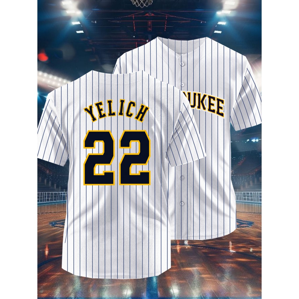 Men's White & Yellow Stripe #22 Baseball Jersey - Breathable Button-Up V-Neck, Loose Fit Retro Embroidered YELICH Design, All-Season Training & Game Shirt for Men & Teens, Machine Washable, Casual Wear | Vintage Sporty Look | Embroidered Detailing