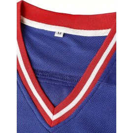 Men's Blue #21 Ice Hockey Jersey - Loose Fit Embroidered Long Sleeve, Sporty V-Neck Design with USA Lettering, Red & White Stripes, Star Details, Breathable Polyester, Machine Washable, Ideal for Casual Outings, Hiking, and Sports