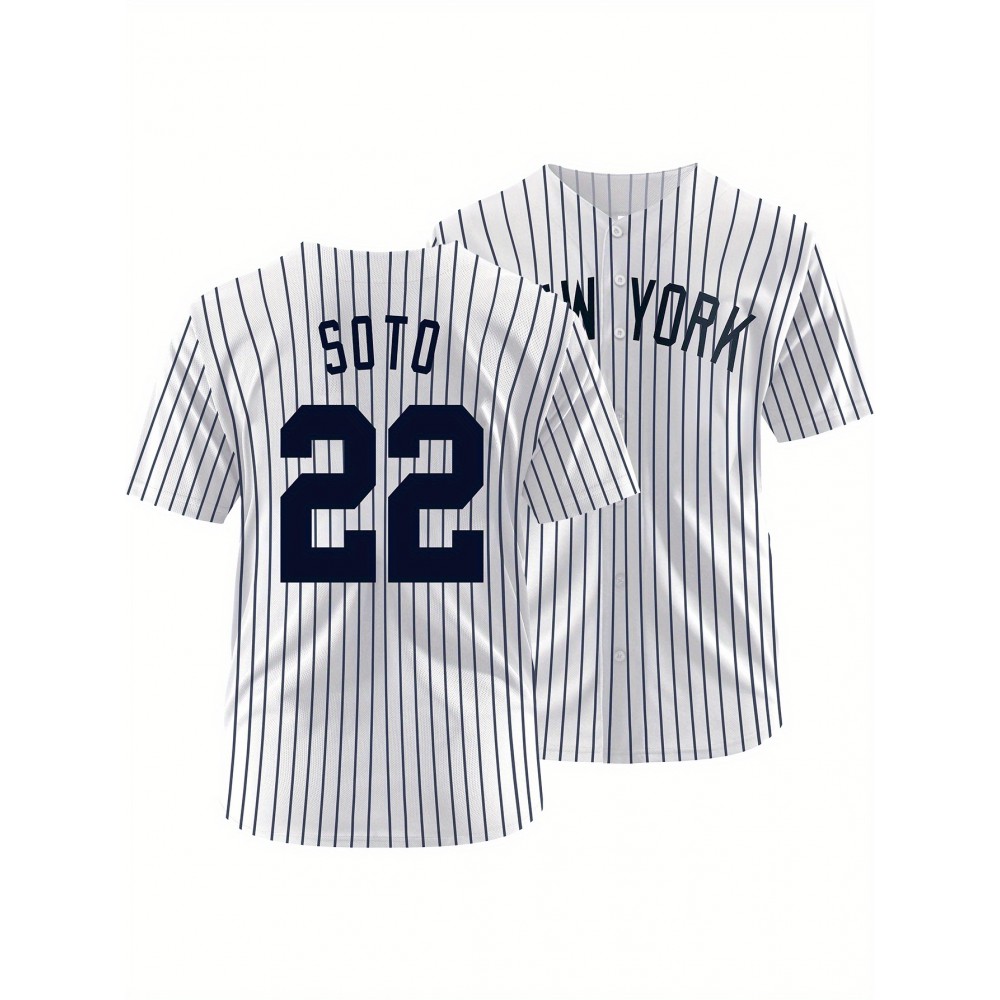 Men'S Black And White Striped # 22 Baseball Shirt, Classic Letter Embroidery Design, Breathable Button Style Short Sleeved Shirt, Suitable for Training And Games