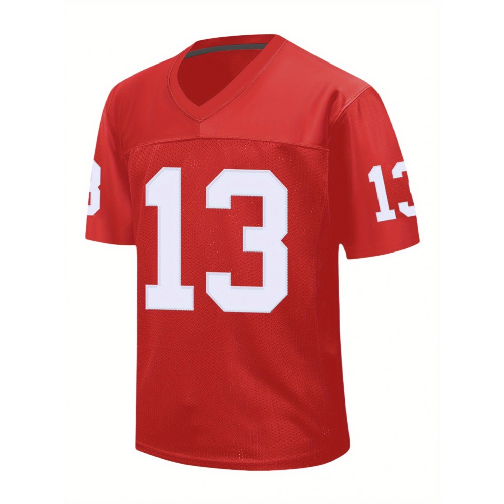 Men's Red #13 Embroidered Rugby Jersey - Loose Fit Breathable V-Neck Top for Sports, Casual & Streetwear | All-Season Machine Washable Athletic Shirt for Men & Teens, Outdoor Activity Apparel, Sporty Look, Comfortable Fit