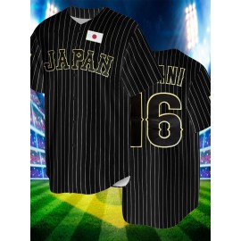 Men'S Black Striped # 16 Baseball Shirt, Classic Letter Embroidery Design, Button style Short Sleeve Breathable Shirt, Training and Competition Category: Men'S Baseball Shirt