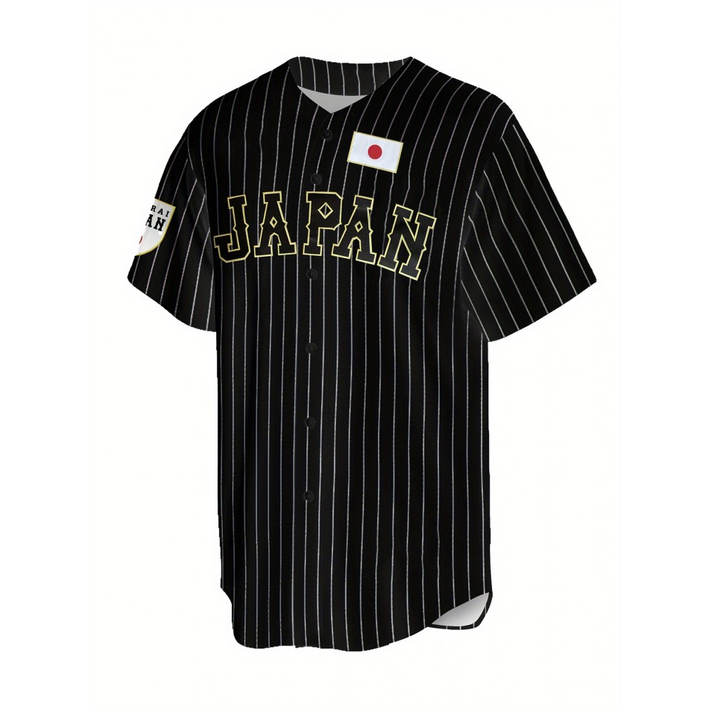 Men'S Black Striped # 16 Baseball Shirt, Classic Letter Embroidery Design, Button style Short Sleeve Breathable Shirt, Training and Competition Category: Men'S Baseball Shirt
