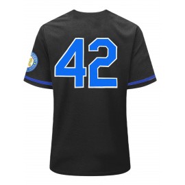 Men's Black #42 Baseball Jersey - Classic Lettering & Number 42 Design, Breathable Button-Up V-Neck Short Sleeve Shirt, Loose Fit for Training, Competition, Casual Wear & Outdoor Activities (All-Season Comfort), Comfortable Athletic Wear