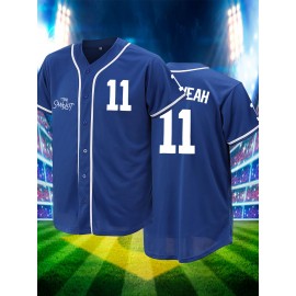 Men'S Blue # 11 Baseball Shirt, Classic Letter Embroidery Design, Button style Short Sleeve Breathable Shirt, Training and Competition Category: Men'S Baseball Shirt