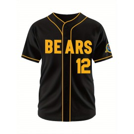 Men'S Black # 12 Baseball Shirt, Classic Letter Embroidery Design, Button style Short Sleeve Breathable Shirt, Training and Competition Category: Men'S Baseball Shirt