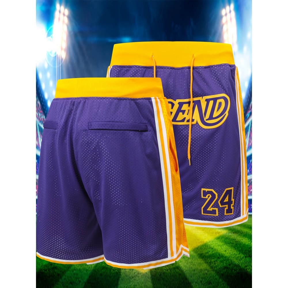 Men's Purple # 8-24 Basketball Shorts, Classic Letter Embroidery Design, Breathable Button Style Short Sleeve Shirt, Suitable For Training And Competition