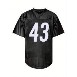 Men'S Black # 43 Rugby Shirt with Loose Embroidered Sports, Fashionable, Casual, Street Breathable Rugby Top