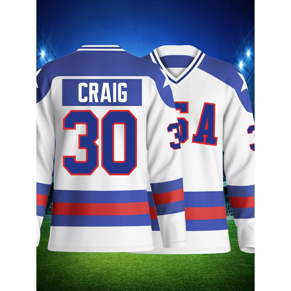 Men'S White # 30 Ice Hockey Sports Shirt, Loose Embroidered Long Sleeves, Sporty, Fashionable And Casual, Breathable on The Street