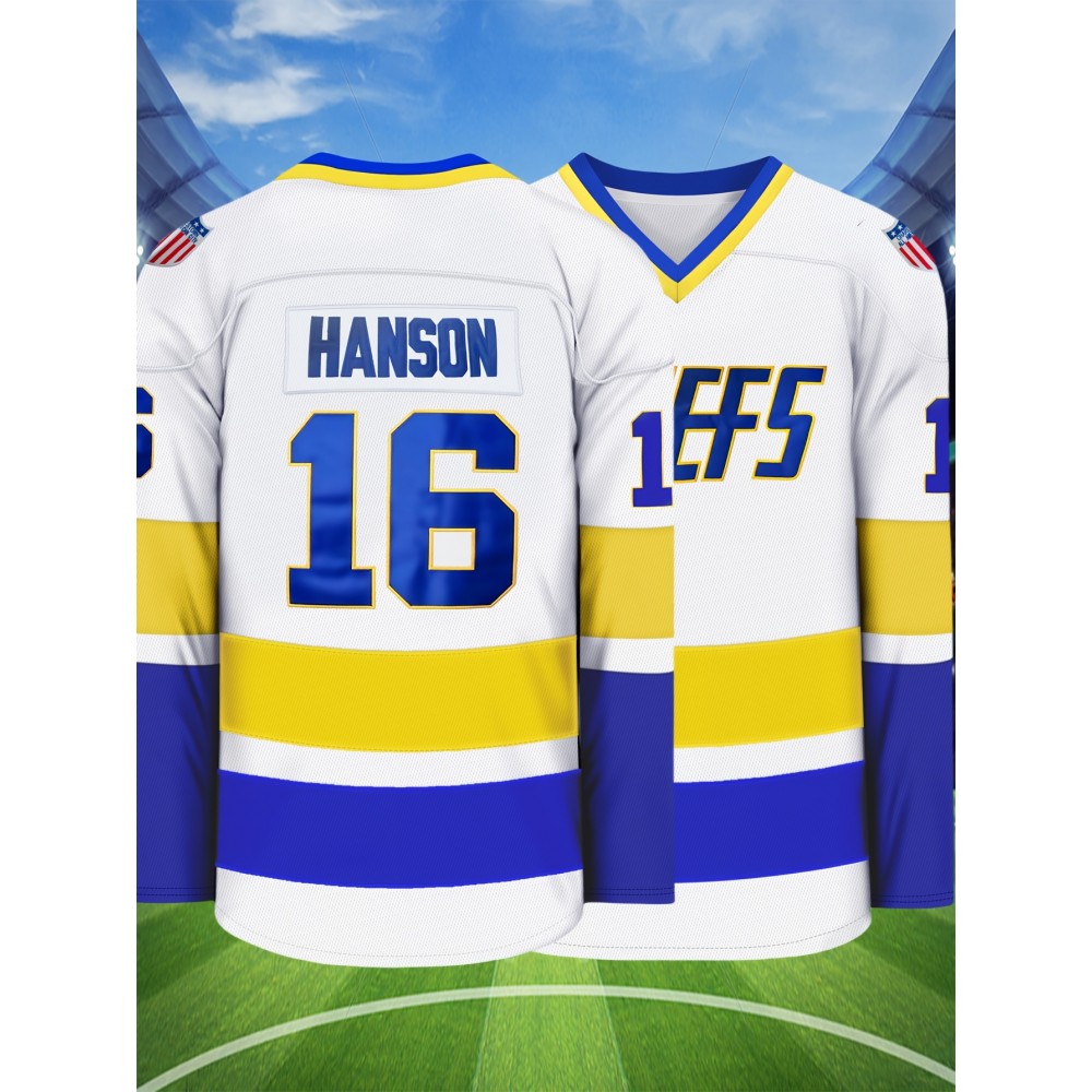 Men's #16 White Ice Hockey Jersey - Breathable, Embroidered Long Sleeve V-Neck Sweatshirt for Sports & Casual Wear
