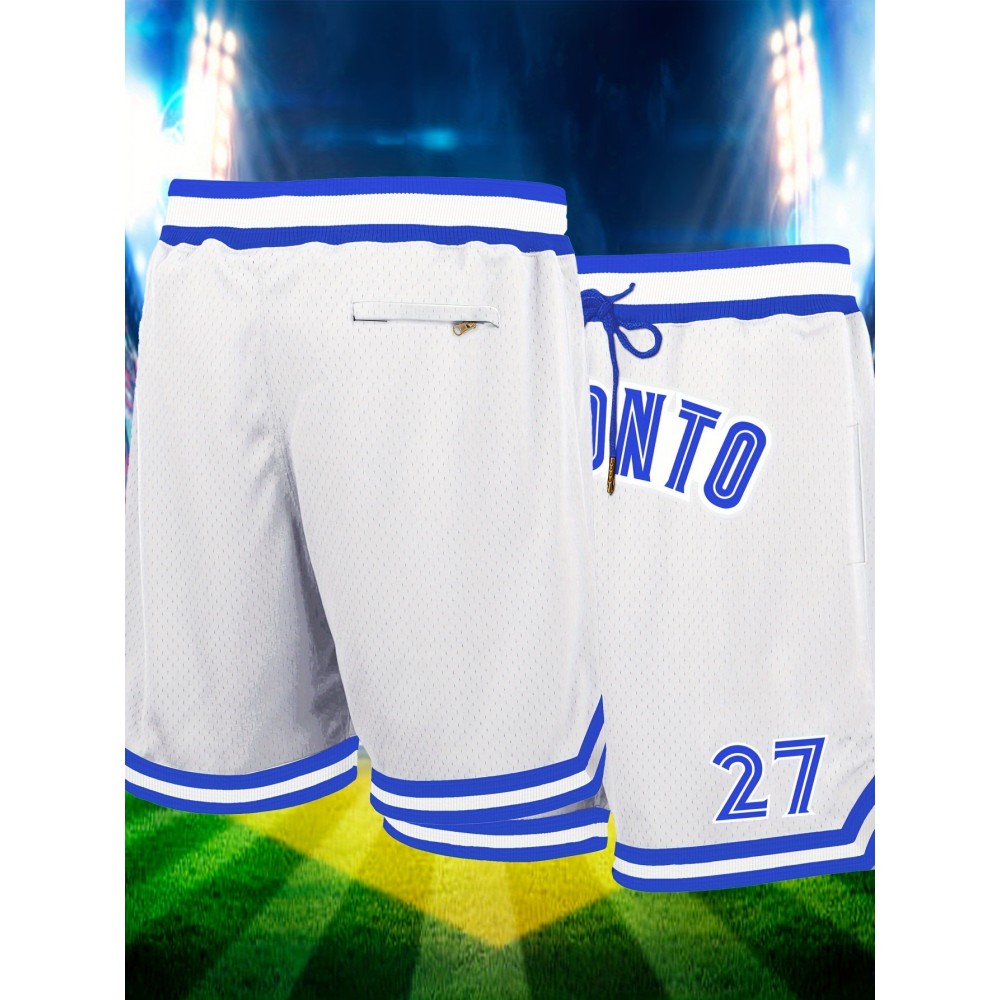 [Everyday Comfort] Men's White #27 Basketball Shorts, Classic Letter Embroidery Design, Breathable Button- Shirt, Polyester 100%, Loose Fit, with Knit Fabric for Training & Competition, All Seasons Sports Style