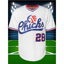 Men's #28 White Baseball Jersey - Breathable Embroidered Polyester, V-Neck & Button Closure, Loose Fit for Team Sports, Casual Outings, and Training, Sizes S-XXXL