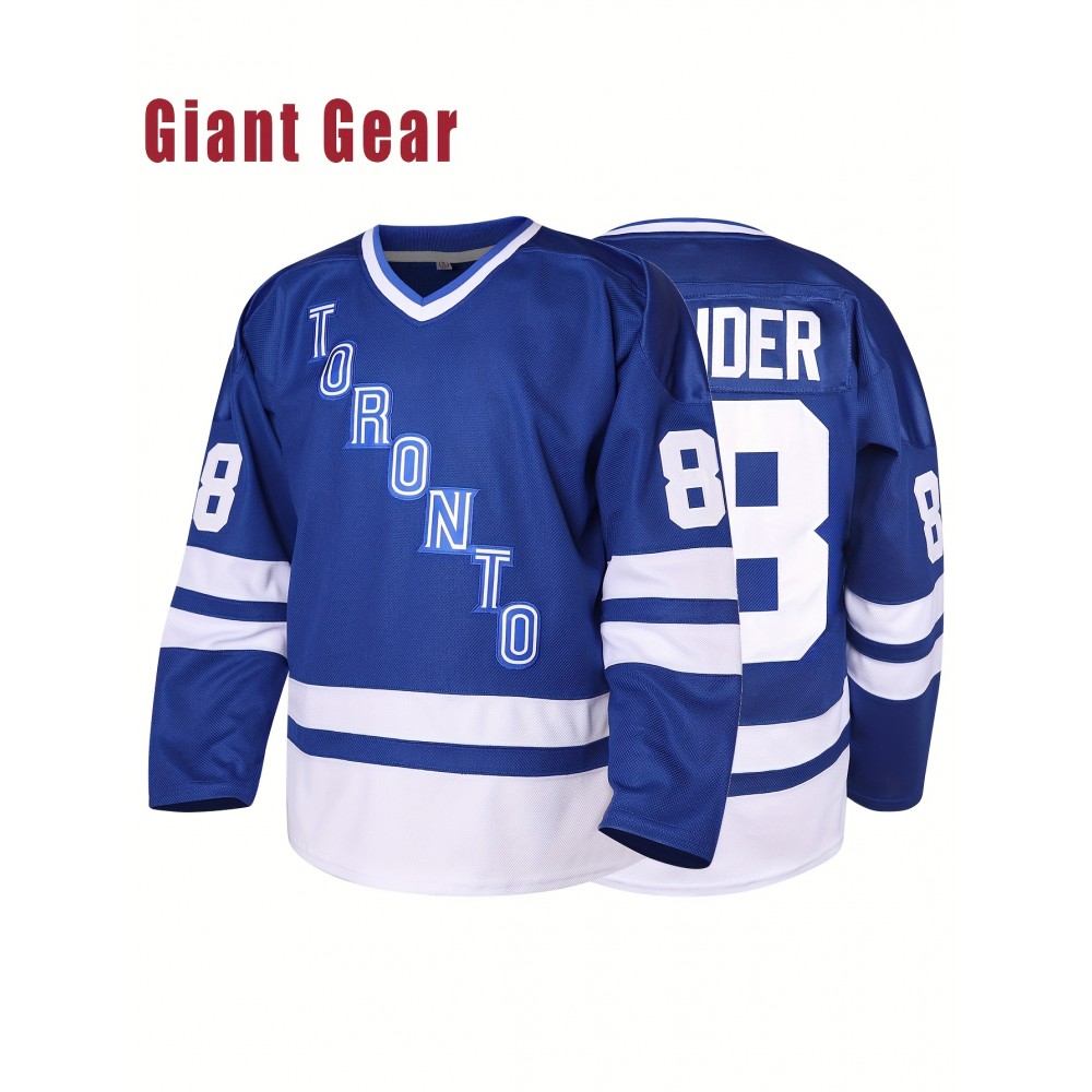 Men'S Ice Hockey Shirt # 88 Embroidered Details - Perfect For Sports And Casual Wear Blue Size S-3XL