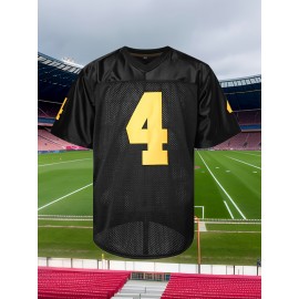 Men's Black Embroidered #4 American Football Shirt, Polyester Knit, V-Neck, Machine Washable - Sizes S-XXXL