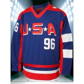 Men's #96 Blue & Red USA Hockey Jersey - V-Neck,, Lightweight Polyester Captain's Sweatshirt with Striped Accents for Team Sports, Casual Wear & More