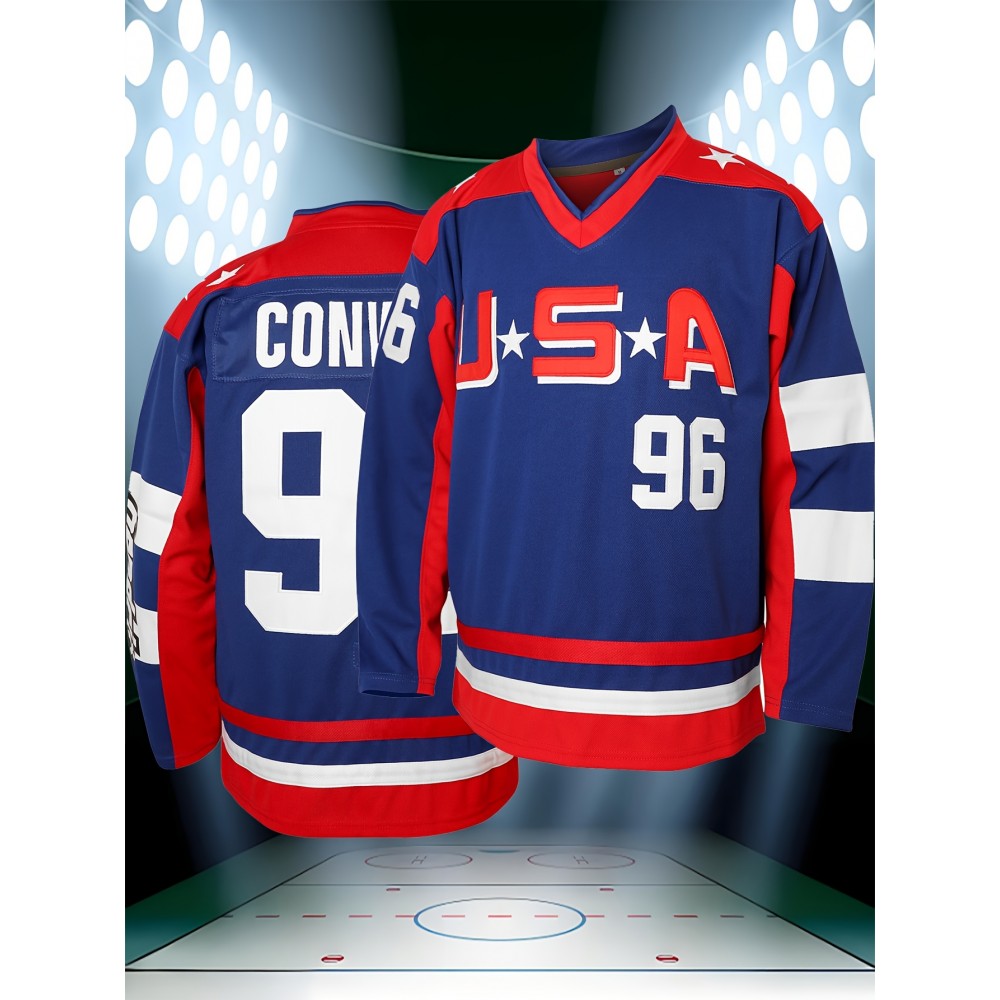 Men's #96 Blue & Red USA Hockey Jersey - V-Neck,, Lightweight Polyester Captain's Sweatshirt with Striped Accents for Team Sports, Casual Wear & More