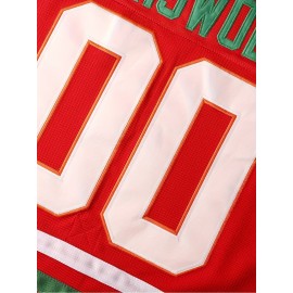 Men's #00 Red & Green Striped Ice Hockey Jersey with Cartoon Embroidery - V-Neck, Long Sleeve, Polyester, Machine Washable - Ideal for Team Sports, Casual Outings, and Holiday Celebrations, Hockey Stocking Stuffers