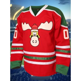 Men's #00 Red & Green Striped Ice Hockey Jersey with Cartoon Embroidery - V-Neck, Long Sleeve, Polyester, Machine Washable - Ideal for Team Sports, Casual Outings, and Holiday Celebrations, Hockey Stocking Stuffers