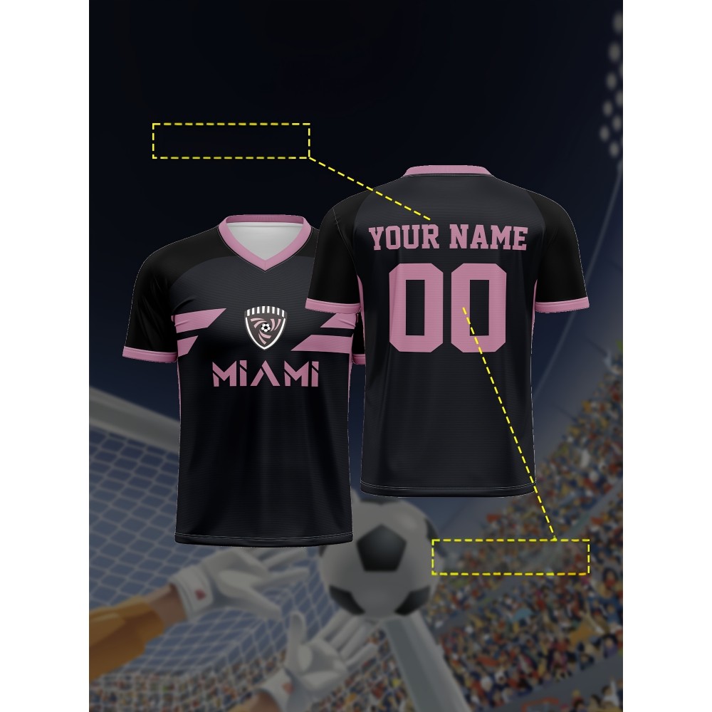 1pc Customizable Soccer Jersey for Kids - Personalized V-Neck Football Shirt with Name & Number, Polyester Knit Fabric, All-Season Sports & Casual Wear, Preppy Street Style, Medium Stretch, for Boys & Girls
