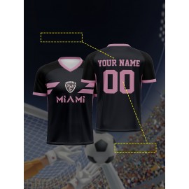 1pc Customizable Soccer Jersey for Kids - Personalized V-Neck Football Shirt with Name & Number, Polyester Knit Fabric, All-Season Sports & Casual Wear, Preppy Street Style, Medium Stretch, for Boys & Girls