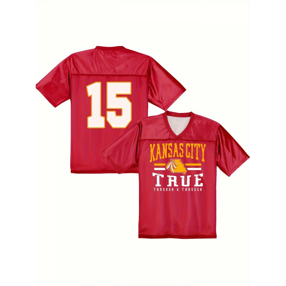 Men'S Kansas City #15 Polyester Red Football Jersey T Shirts, V-Neck Sports Shirt With Slight Stretch, Breathable Casual Knit Fabric For All Seasons, Loose Fit Adult & Teen, Fans Gift Men Youth
